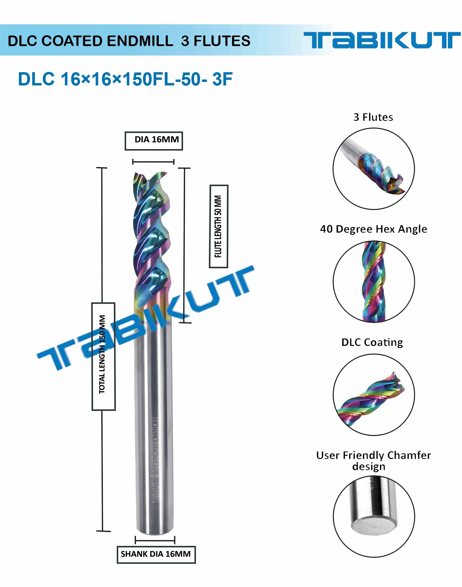 16 mm 3 flute endmill 100/150 mm long DLC coated pack of 1