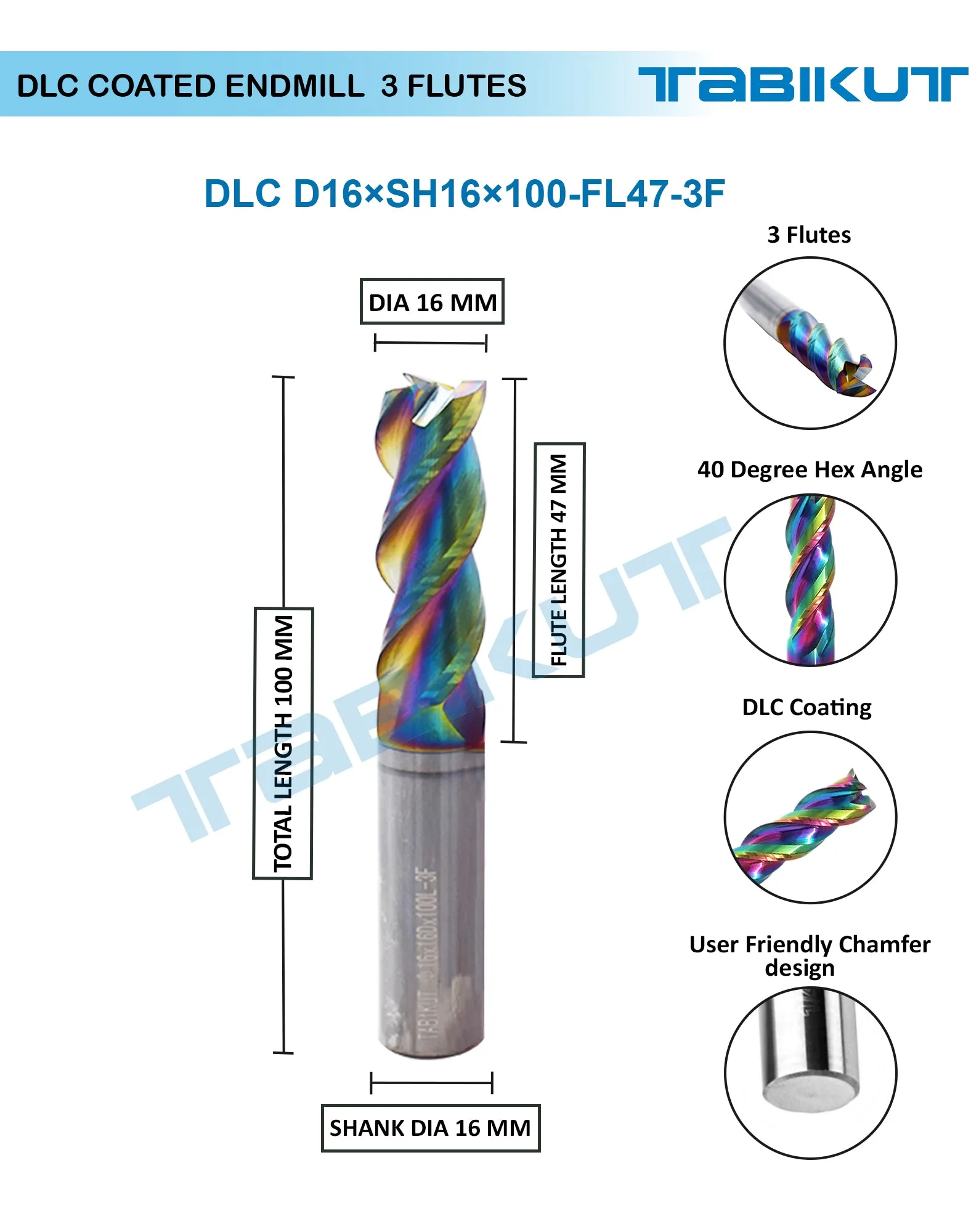 16 mm 3 flute endmill 100/150 mm long DLC coated pack of 1