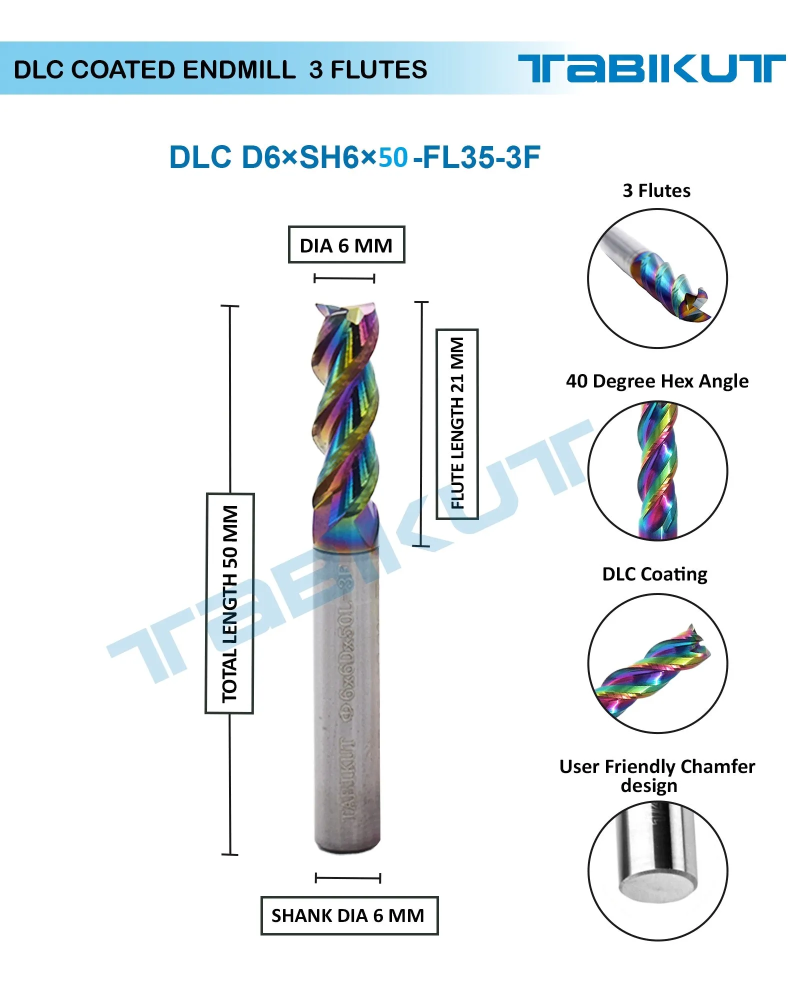 6mm 3 flute endmill 50/75 mm long DLC coated pack of 1