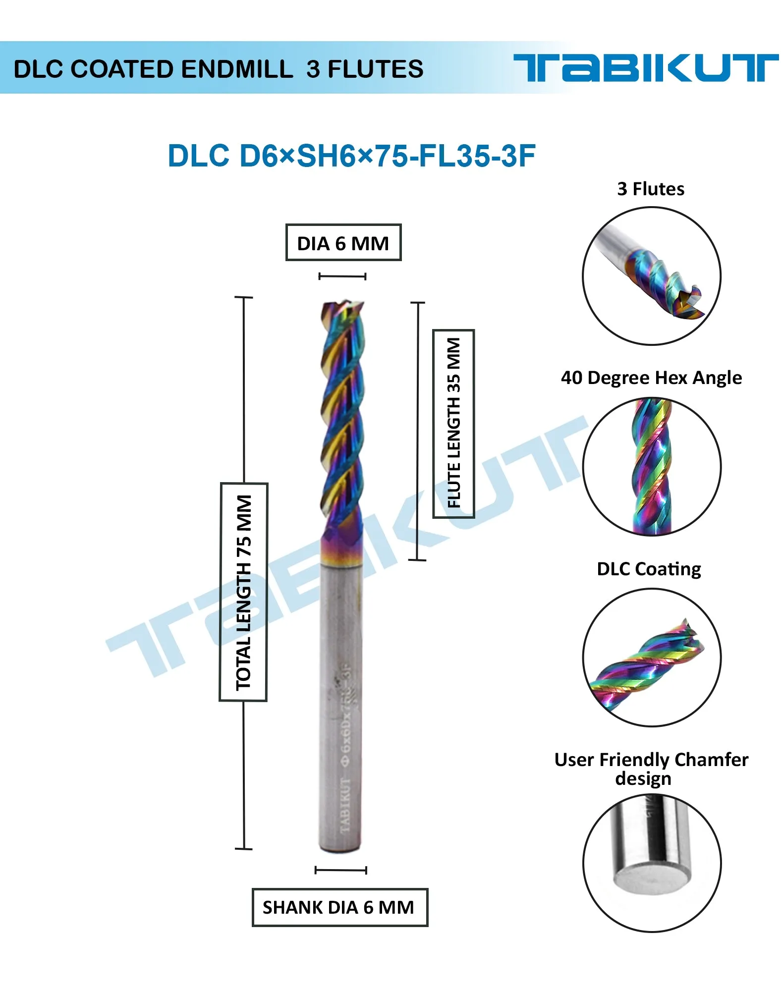 6mm 3 flute endmill 50/75 mm long DLC coated pack of 1