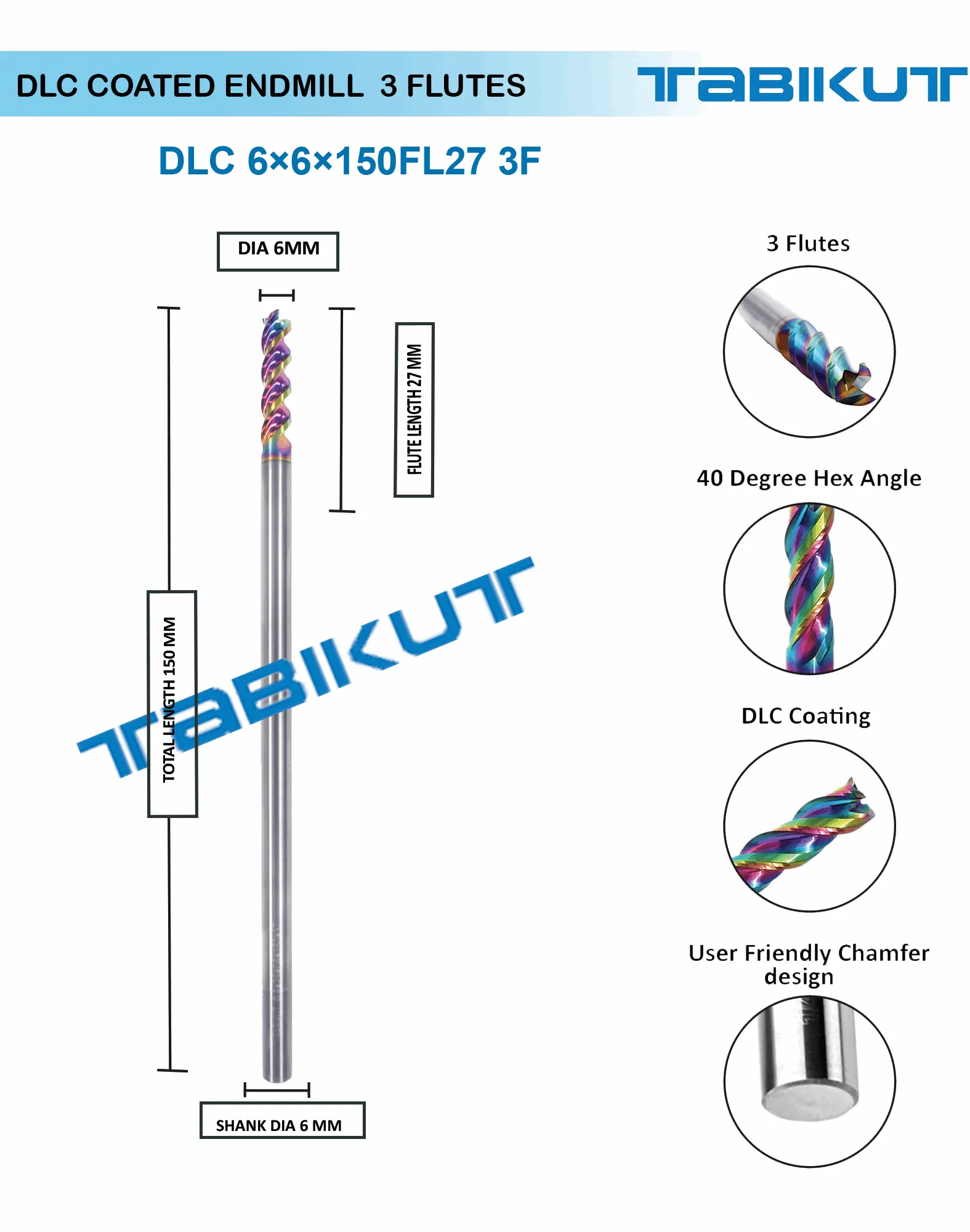 6mm 3 flute endmill 50/75 mm long DLC coated pack of 1