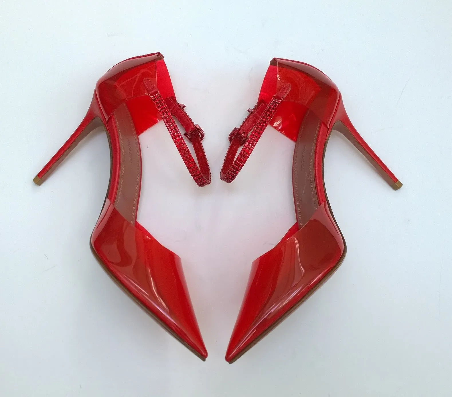 Amina Muaddi Ursina Glass Pumps in Red PVC Rhinestone Ankle Bracelet Heels