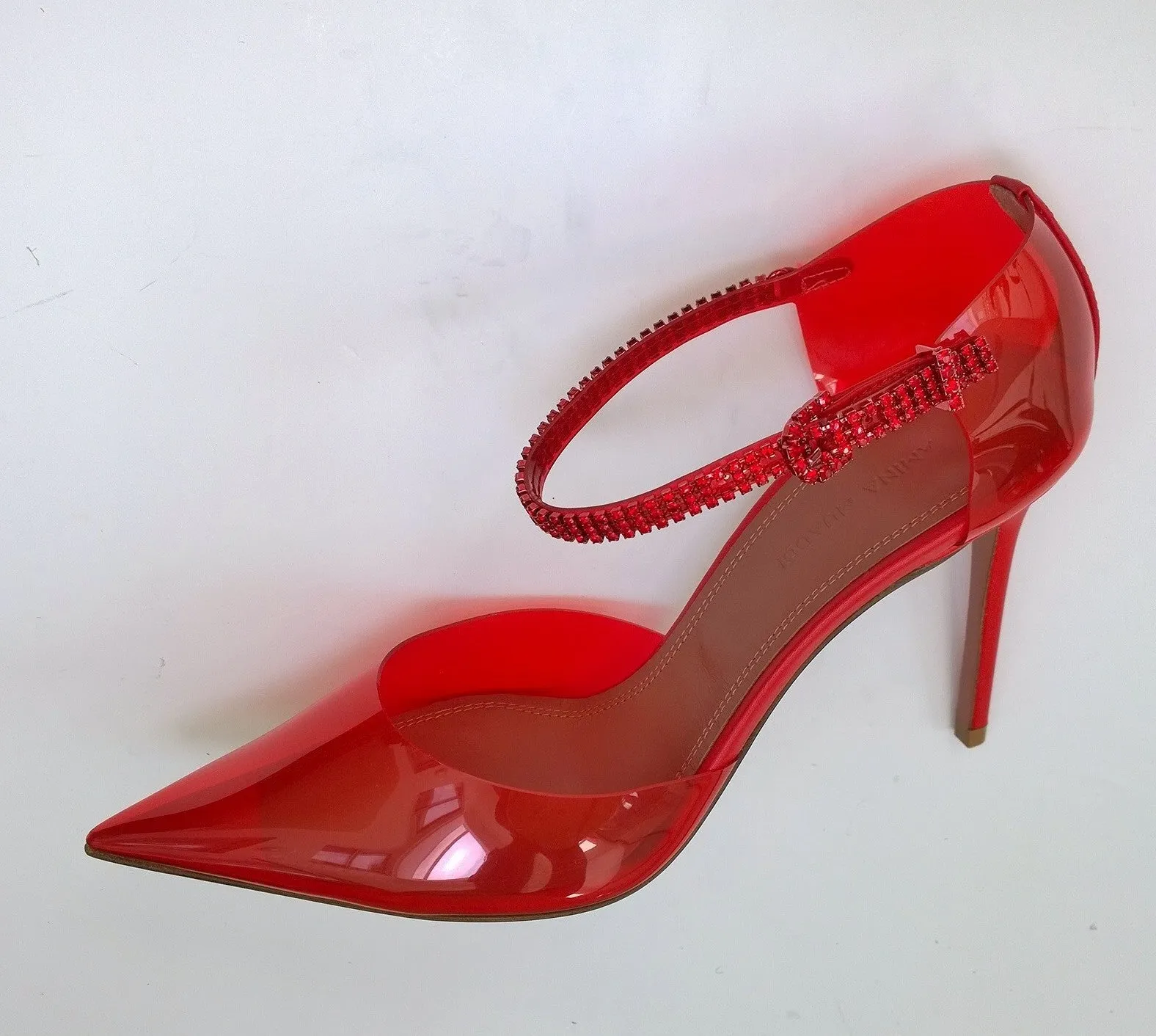 Amina Muaddi Ursina Glass Pumps in Red PVC Rhinestone Ankle Bracelet Heels