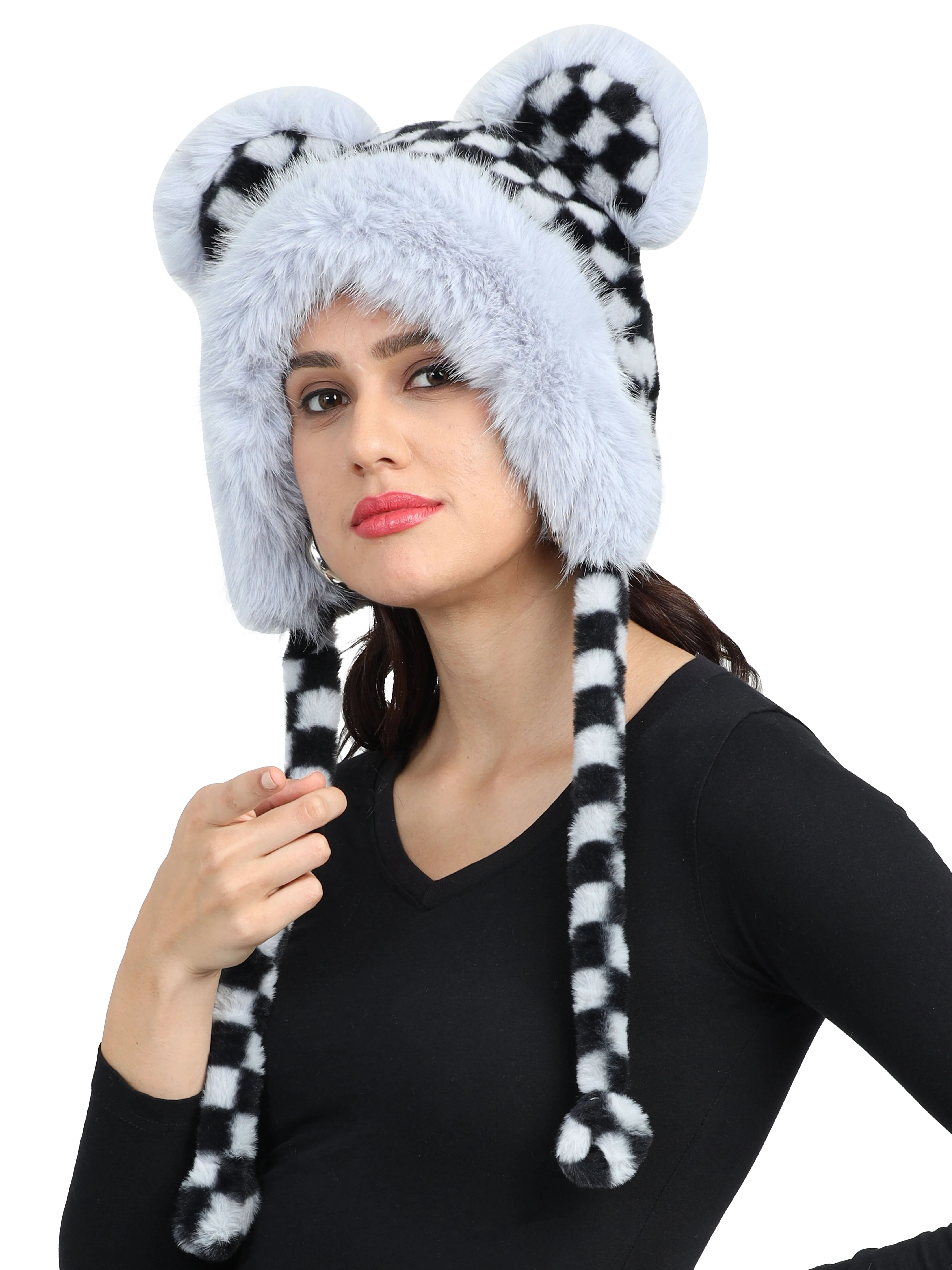 FabSeasons fancy checkered thick fluffy earmuff / ear cap & cover / beanies for Girls & Women for outdoors