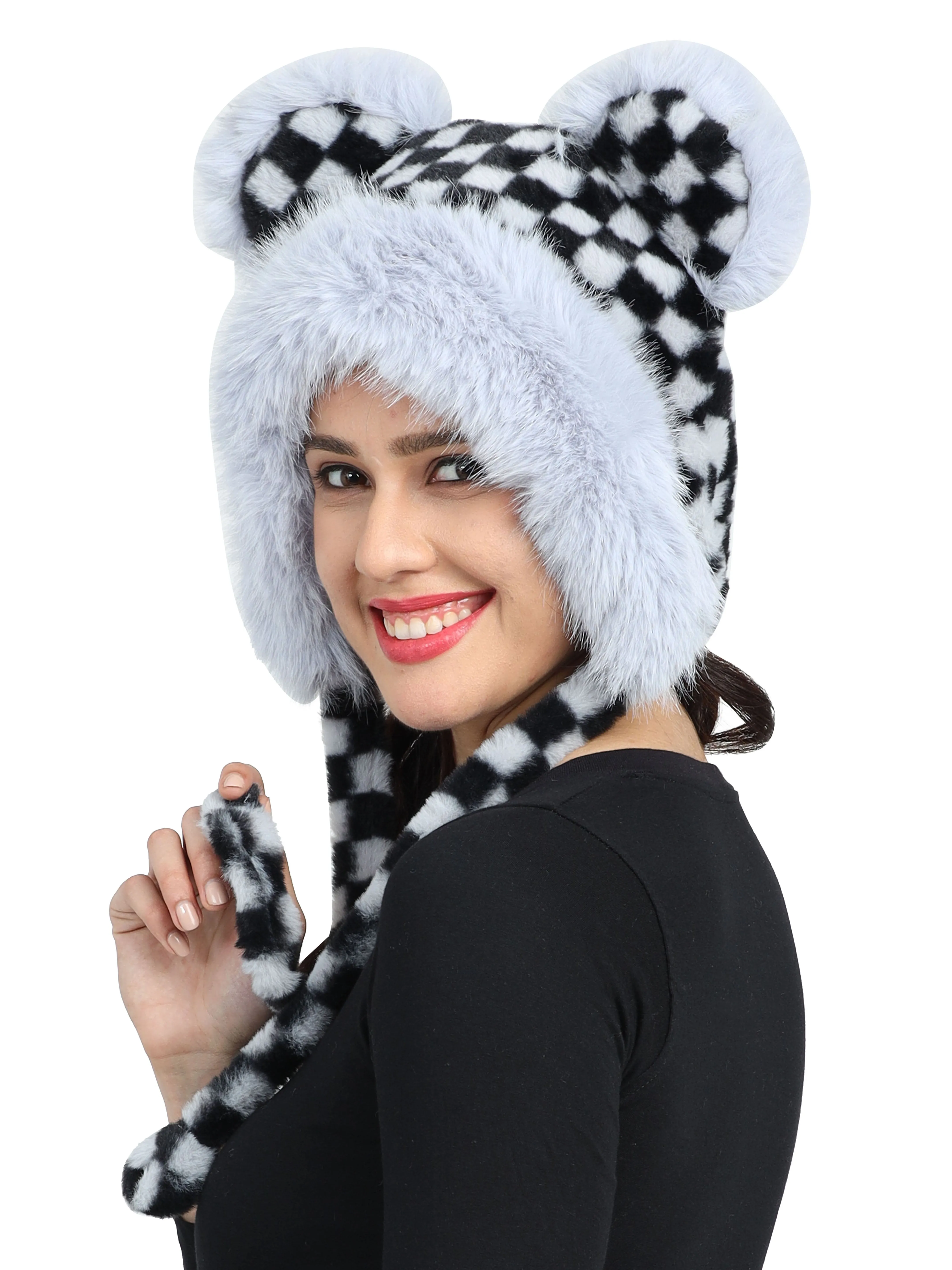 FabSeasons fancy checkered thick fluffy earmuff / ear cap & cover / beanies for Girls & Women for outdoors