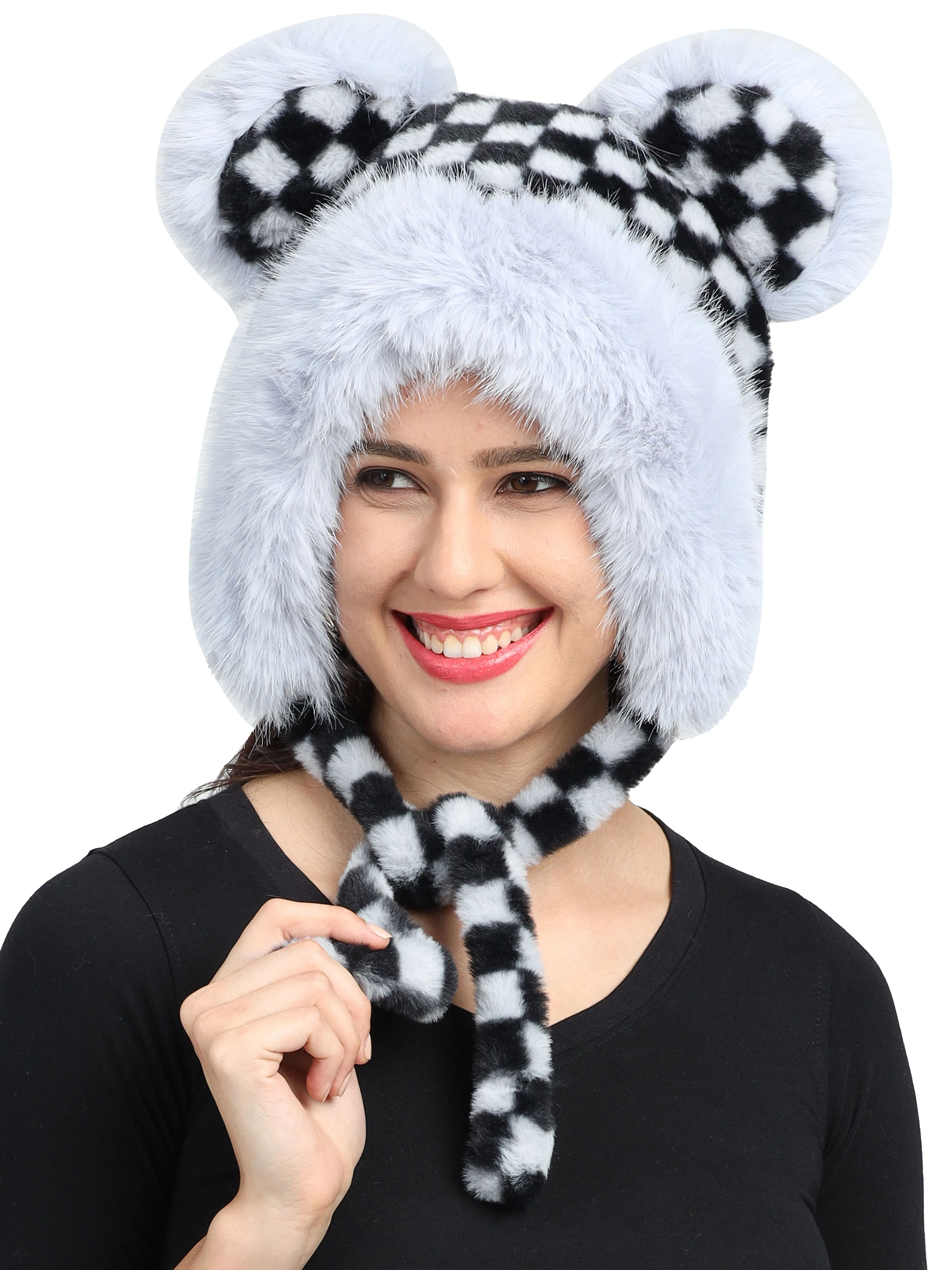 FabSeasons fancy checkered thick fluffy earmuff / ear cap & cover / beanies for Girls & Women for outdoors