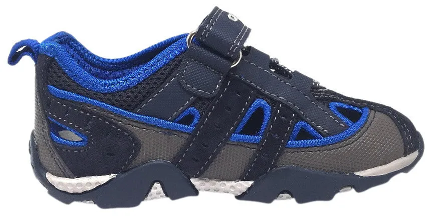 Geox Boy's Aragon Navy & Royal Blue Single Hook and Loop Strap Closed Toe with Bumper and Elastic Lace Sandal