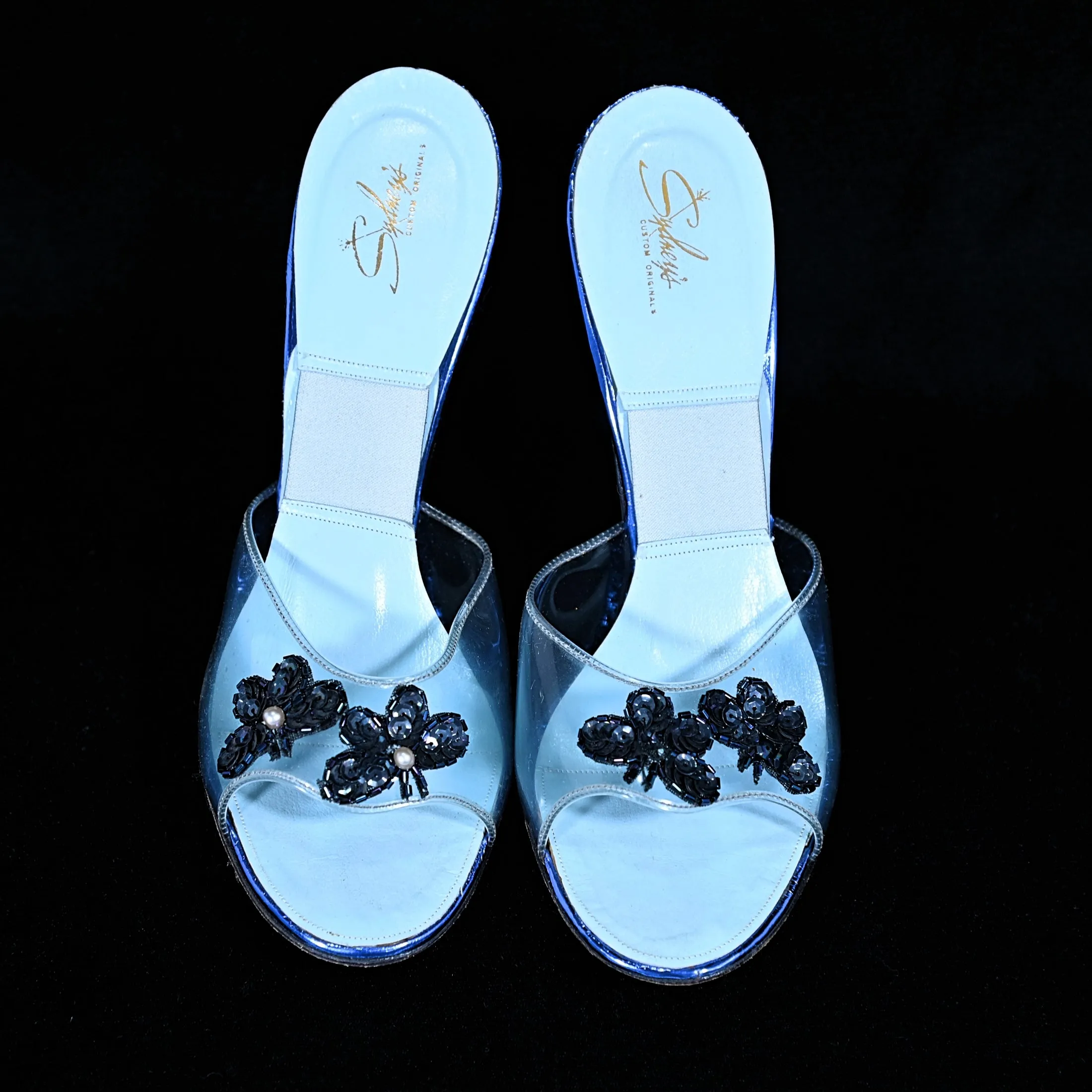 SOLD 1950s Clear Vinyl & Blue Slip on Mules