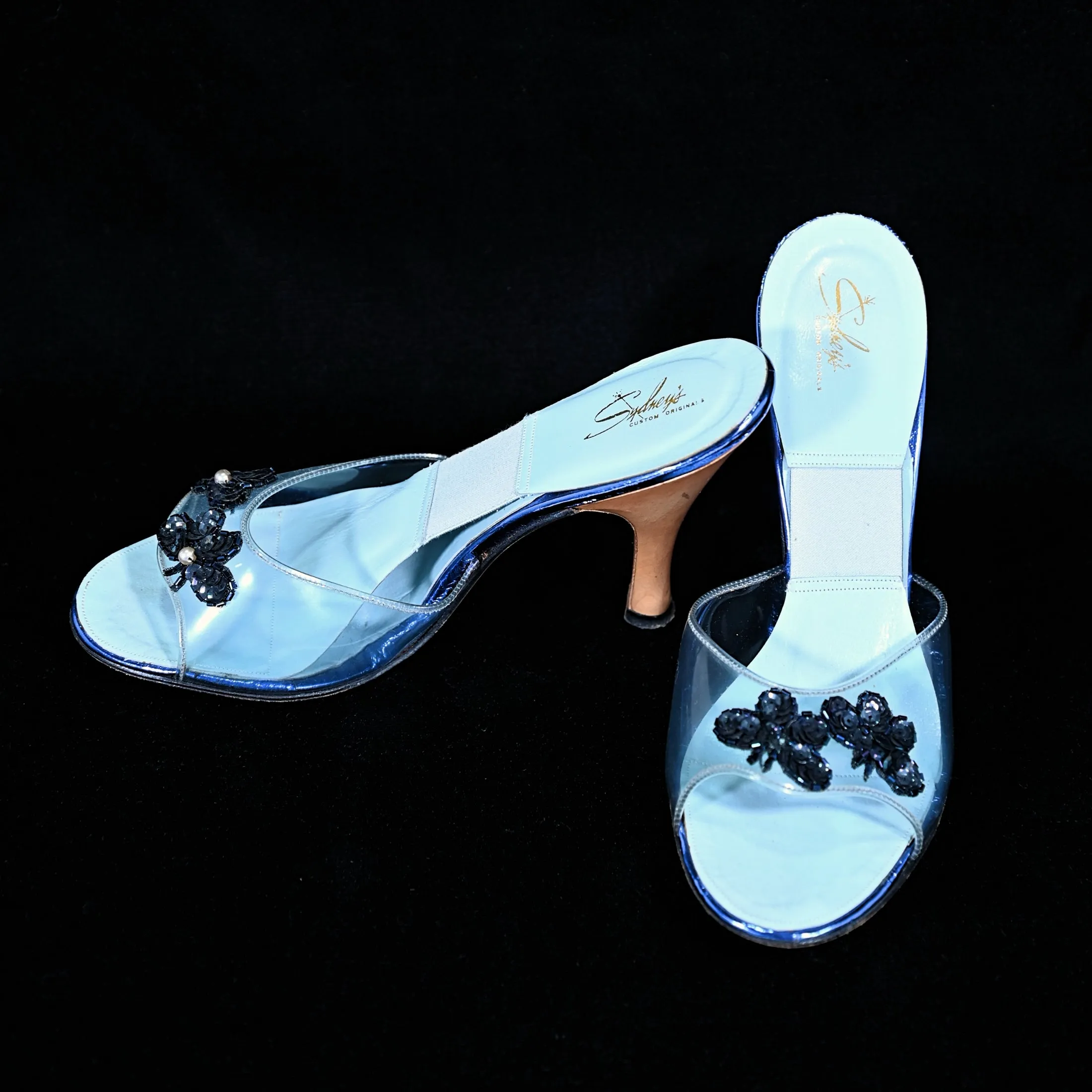 SOLD 1950s Clear Vinyl & Blue Slip on Mules